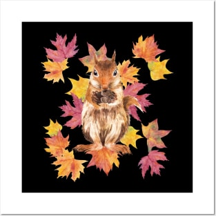 Squirrel with autumn leaves Posters and Art